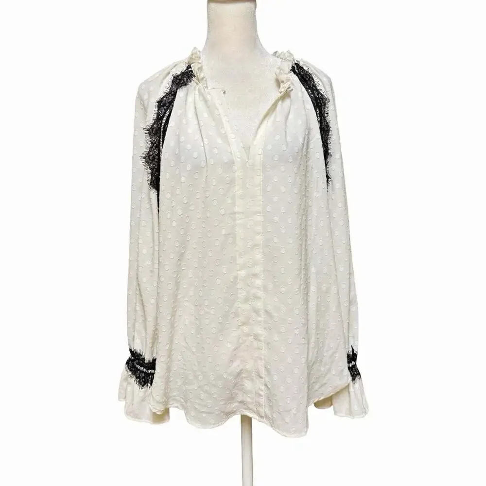LOFT White Polka Dot Chiffon Blouse Lace Ruffle V-Neck Puff Sleeve Size M